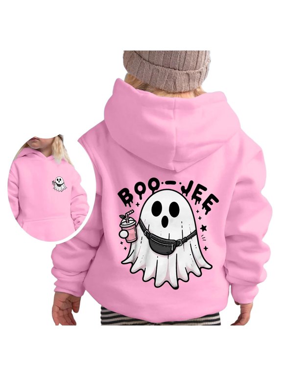Krdevn Kids Boo-Jee Ghost Fanny Pack Drink Star Front Back Print Hooded Sweatshirt Long Sleeve Pullover Hoodie for Halloween Holiday Outfit Light Pink,10-11 Years