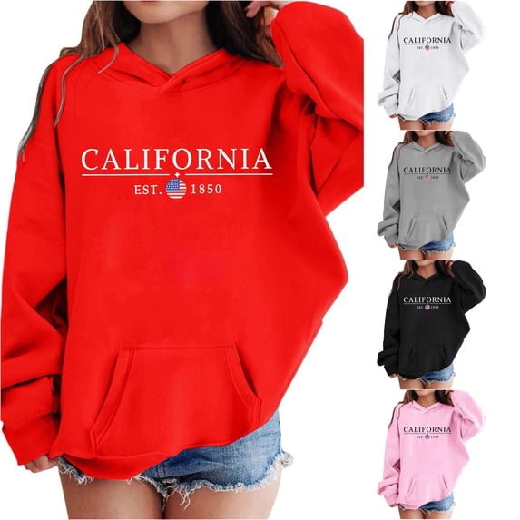 Krdevn Kids California EST 1850 US Flag Letter Graphic Pullover Hoodie Kangaroo Pocket Soft Casual Sweatshirt,5-6 Years