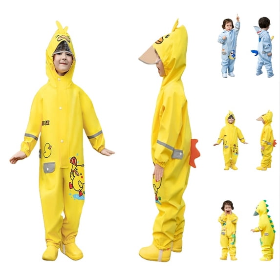 Krdevn Kids Cartoon One Piece Rain Suit, Full Body Waterproof Hooded Raincoat with Reflective Strip Rainwear for Boys Girls,Yellow1