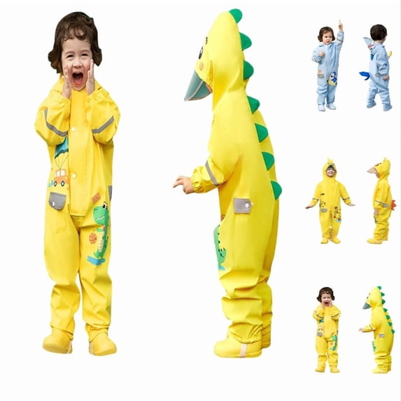 Krdevn Kids Cartoon One Piece Rain Suit, Full Body Waterproof Hooded Raincoat with Reflective Strip Rainwear for Boys Girls,Yellow2