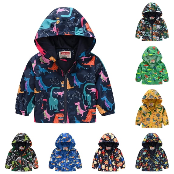 Krdevn Kids Cartoon Print Hooded Jacket Full Zip Windproof Outerwear Long Sleeve Casual Coat for Boys Girls Outdoor Wear,12-18 Months