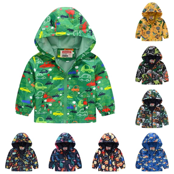 Krdevn Kids Cartoon Print Hooded Jacket Full Zip Windproof Outerwear Long Sleeve Casual Coat for Boys Girls Outdoor Wear,18-24 Months