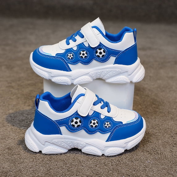 Krdevn Kids Cartoon Soccer Sneakers, Breathable Leather Non Soft Sole Hook and Loop Athletic Shoes for Boys,Blue
