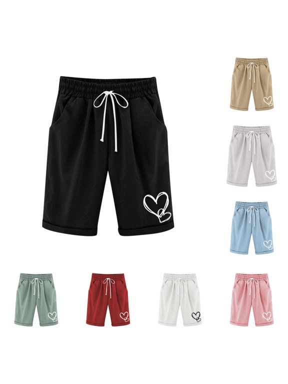 Krdevn Kids Casual Pull‑On Shorts Elastic Waist Loose Fit Heart Graphic Print Roll Hem Side Pockets Lightweight Pants for Summer Daily School Outdoor Wear,5-6 Years
