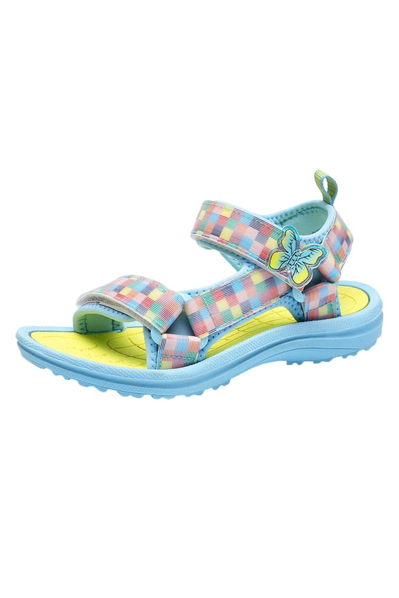 Krdevn Kids' Checkered Sport Sandals, Breathable Straps Butterfly Charm Adjustable Hook and Loop Lightweight Soft Sole Summer Beach Sandals for Girls,Sizes 4-4.5 Years