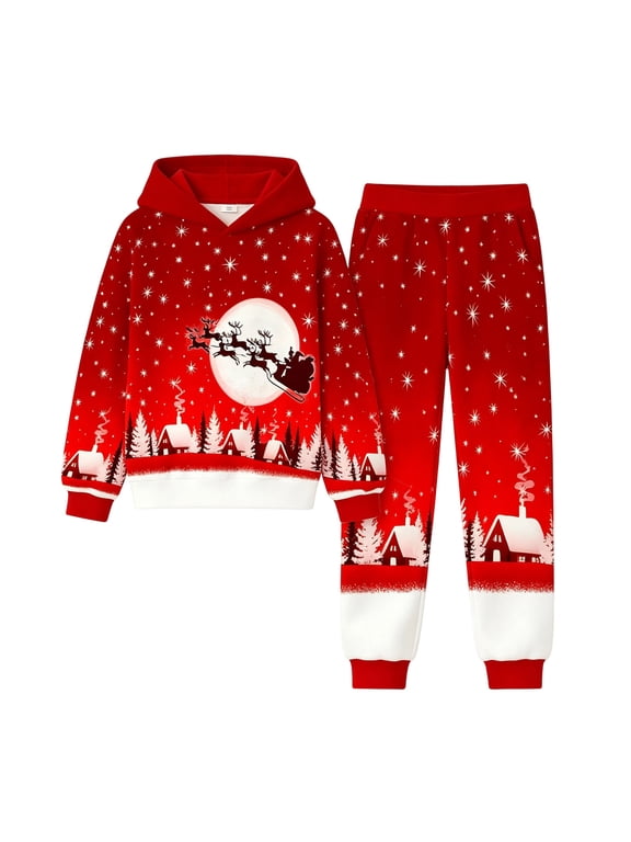 Krdevn Kids Christmas Hoodie and Pants Set 2 Piece Long Sleeve Hooded Sweatshirt with Jogger Pants Toddler Boys Girls Holiday Casual Outfit Clothing