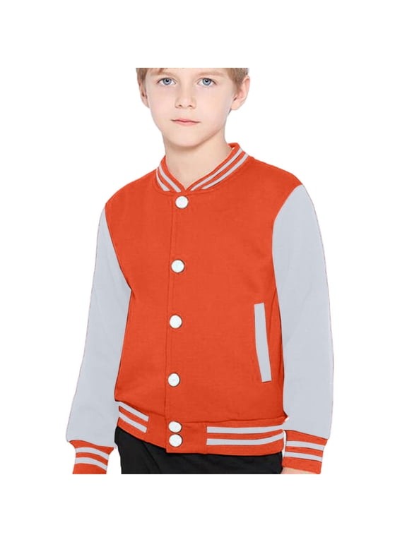 Krdevn Kids Color Block Varsity Jacket Button Up Baseball Casual Outerwear for Boys Girls Orange,7-8 Years