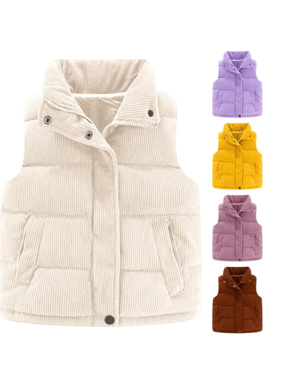 Kids Corduroy Quilted Padded Vest Stand Collar Sleeveless Zip Snap Outerwear for Boys Girls Cold Weather Warm Layering Casual Gilet,11-12 Years
