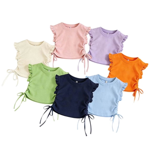 Krdevn Kids Cotton Tank Top Soft Breathable Drawstring Ruched Ruffle Sleeve Top for Girls Size:5-6 Years