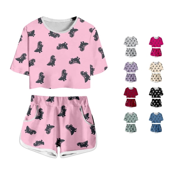 Krdevn Kids Dinosaur Print 2 Piece Outfit Short Sleeve Crop Top and Shorts Set,13-14 Years