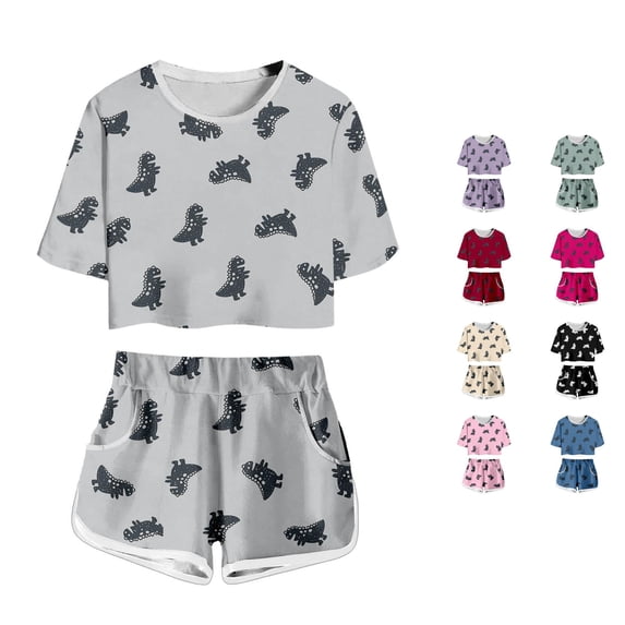 Krdevn Kids Dinosaur Print 2 Piece Outfit Short Sleeve Crop Top and Shorts Set,8-9 Years