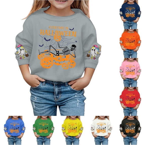 Krdevn Kids Everyday Is Halloween Skeleton Pumpkin Ghost Baseball Graphic Crewneck Sweatshirt Long Sleeve Casual Pullover Top for Halloween Holiday Wear Grey,5-6 Years