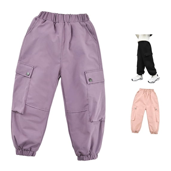 Krdevn Kids Lined Cargo Pants, Windproof Outdoor Hiking Trousers Warm Winter Joggers for Boys Girls,Purple