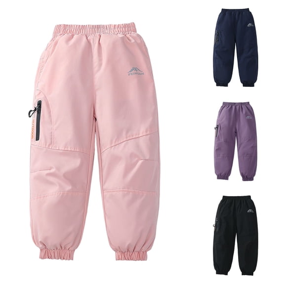 Krdevn Kids Lined Waterproof Pants, Boys Girls Warm Outdoor Hiking Trousers, Windproof Snow Play Pants with Pockets,Pink
