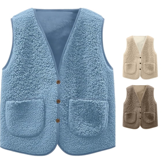 Krdevn Kids Fleece Vest, V‑Neck Button‑Up Sleeveless Warm Gilet Jacket with Pockets, Boys Girls Loose Fit Fall Winter Outerwear,Blue