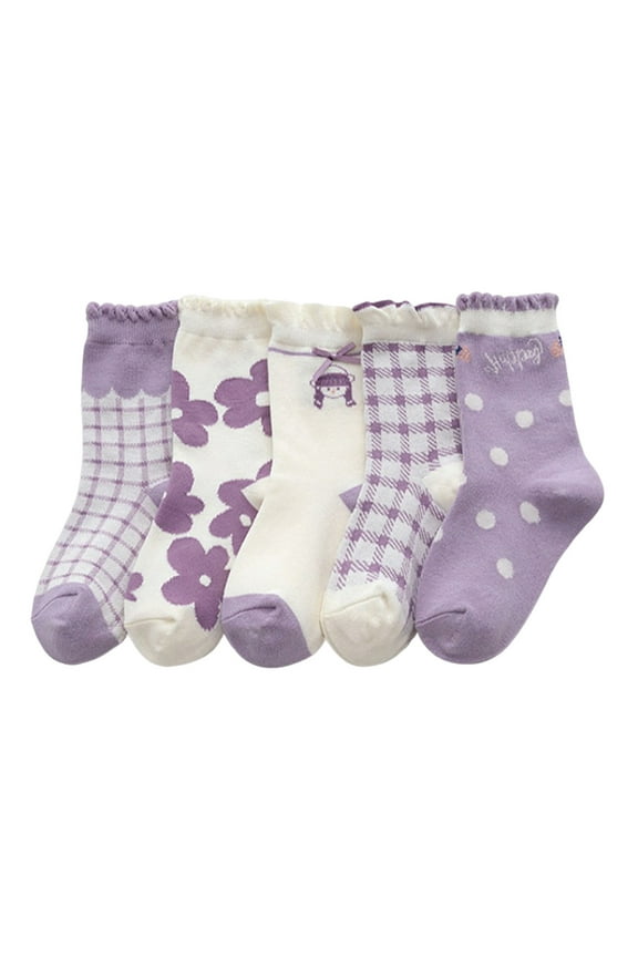 Krdevn Kids Floral Cartoon Ruffle Rib Cotton Mid Calf Socks Gift Set Size:L