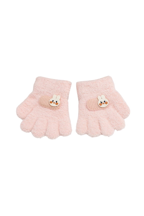 Krdevn Kids Fluffy Plush Knit Full Finger Gloves Cute Bunny Rabbit Applique Ribbed Toddler Winter Thermal Gloves Size:1-3 Years