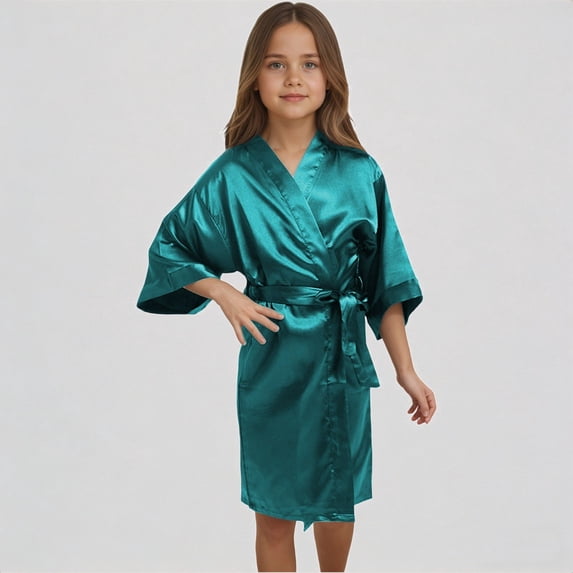 Krdevn Kids Girl's Like Satin Kimono Robe for Spa Wedding Birthday Party,7-8 Years
