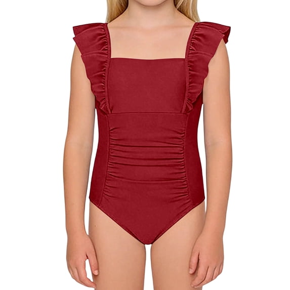 Krdevn Kids Girls Solid Color One Piece Swimsuit Ruffle Shoulder Ruched Bathing Suit Size:15-16 Years