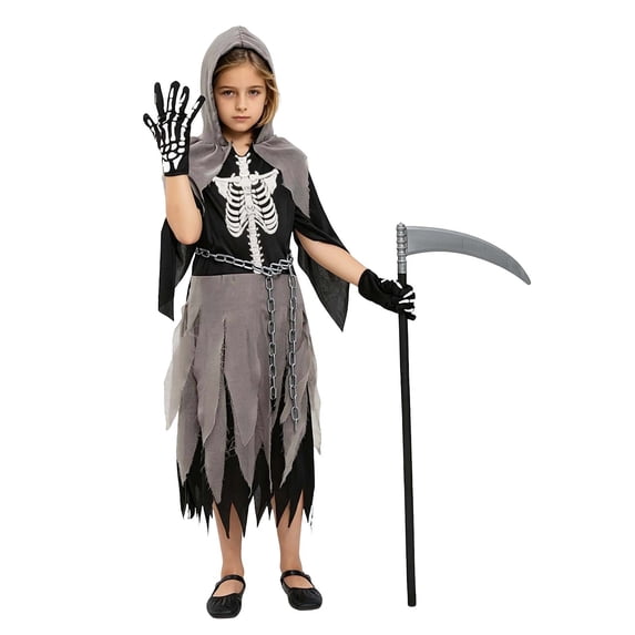 Krdevn Kids Grim Reaper Cosplay Costume, Skeleton Print Outfit with Gloves and Scythe for Halloween Stage Show,10-12 Years