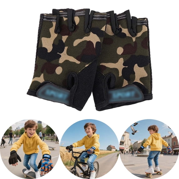 Krdevn Kids Half Finger Cycling Gloves Breathable Camo Pattern Non- Adjustable Wrist Fingerless Gloves for Outdoor Sports Biking Training