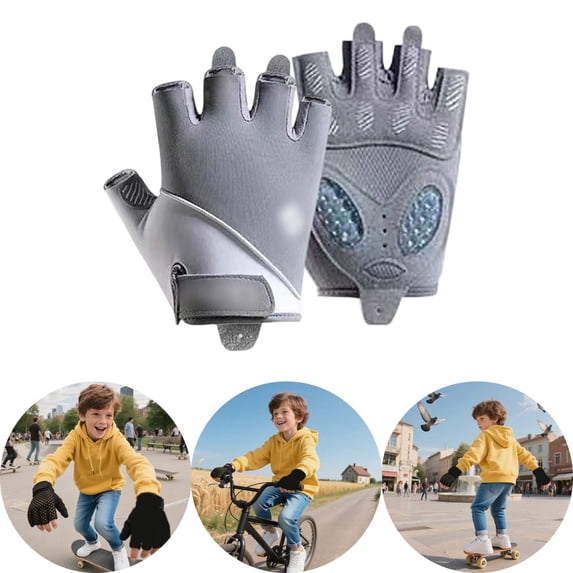 Krdevn Kids Half Finger Cycling Gloves Breathable Non- Adjustable Wrist Strap Outdoor Sports Fingerless Bike Riding Gloves