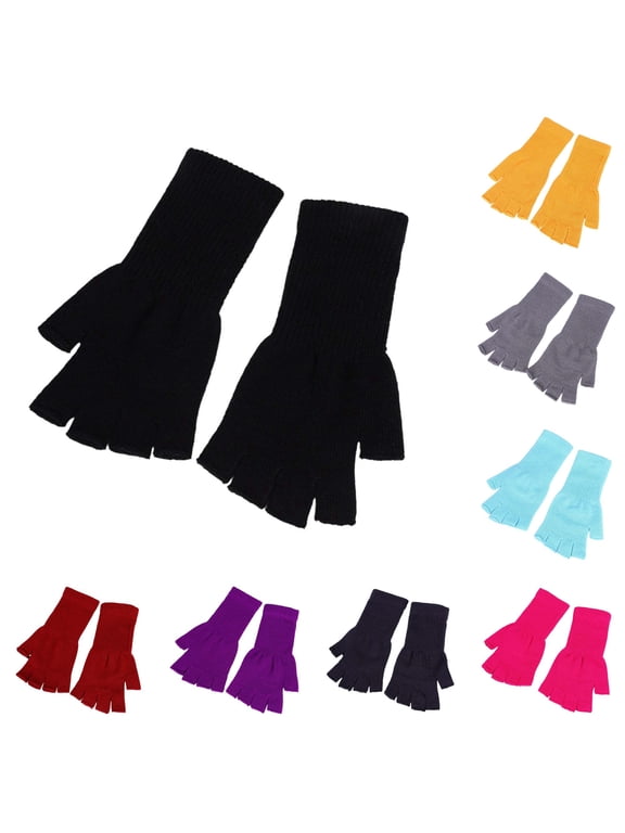 Kids Half Finger Gloves Extra Long Ribbed Acrylic Knit Thermal Warm Stretch Fingerless Mittens Soft Handwear for Winter Outdoor Daily Activities