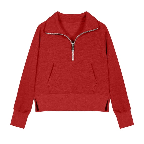Krdevn Kids Half-Zip Sweatshirt - Long Sleeve Cropped Top with Thumb Holes - Soft Comfortable Fall Layering Piece,Color:Red,Size:7-8 Years
