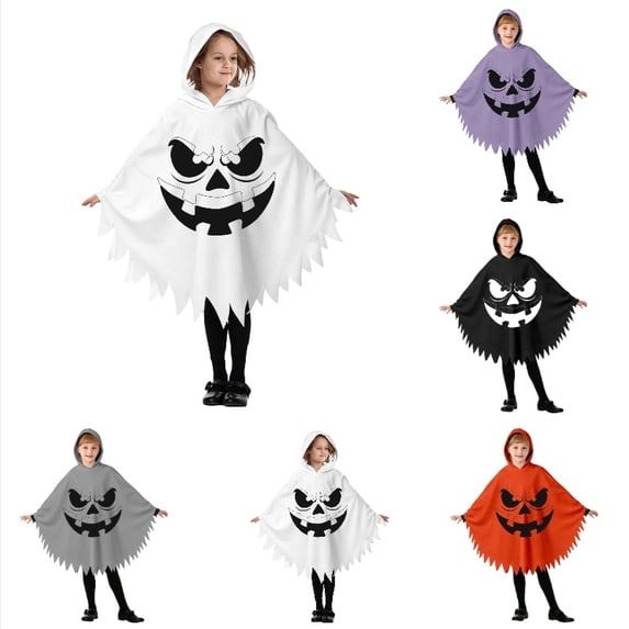 Krdevn Kids Halloween Hooded Cape, Funny Pumpkin Face Cosplay Poncho Costume for Party Dress‑Up,3-4 Years