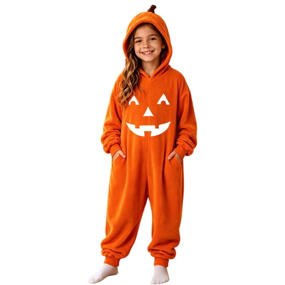 Krdevn Kids Halloween Pumpkin Hooded One Piece Jumpsuit Unisex Classic Curved Eye Jack O Lantern Print Cosplay Onesie with Side Pockets 6-7 Years,Orange