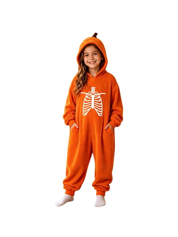 Krdevn Kids Halloween Pumpkin Hooded One Piece Jumpsuit Unisex Skeleton Ribcage Print Cosplay Onesie with Side Pockets 5-6 Years,Orange
