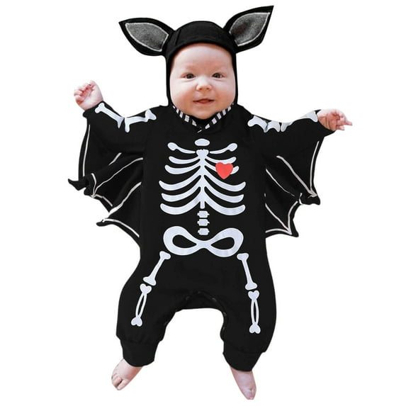 Krdevn Kids' Halloween Romper - Long Sleeve Hooded with 3D Bat & Skeleton Print, Soft Cotton Jumpsuit,Size:0-3 Months