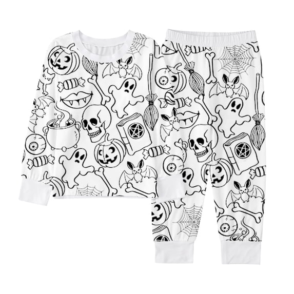 Krdevn Kids Halloween Sketch Print Pajama Set Long Sleeve Crew Neck Top and Jogger Pants 2 Piece Sleepwear Set 4-5 Years,White