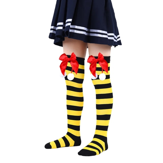 Krdevn Kids Halloween Stripe Red Bow Pom Pom Knee High Socks Size:One Size