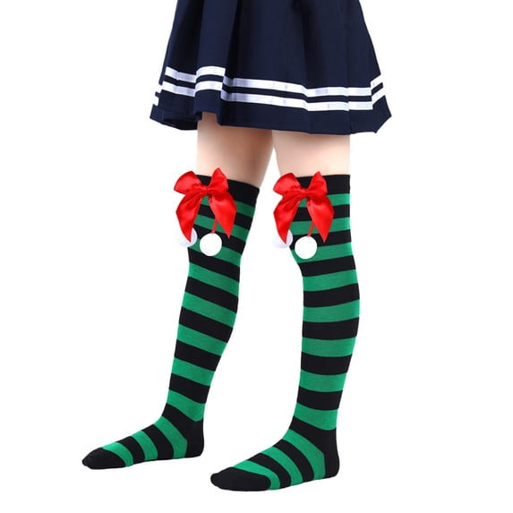 Krdevn Kids Halloween Stripe Red Bow Pom Pom Knee High Socks Size:One Size