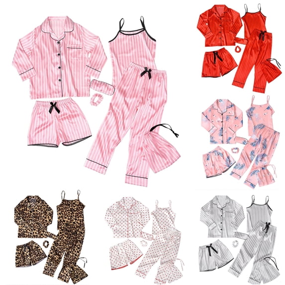 Krdevn Kids Cute Print Satin Pajama 7-Piece Set, Notch Collar Long Sleeve Top Cami Shorts Pants Sleep Mask Scrunchie Storage Bag Loungewear,Light Pink