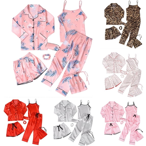 Krdevn Kids Heart Print Satin Pajama 7-Piece Set, Notch Collar Long Sleeve Top Cami Shorts Pants Sleep Mask Scrunchie Storage Bag Loungewear,Pink