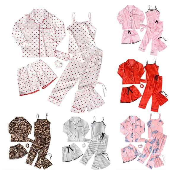 Krdevn Kids Cute Print Satin Pajama 7-Piece Set, Notch Collar Long Sleeve Top Cami Shorts Pants Sleep Mask Scrunchie Storage Bag Loungewear,White