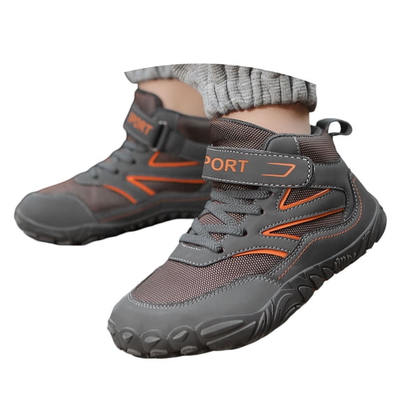 Krdevn Kids High Top Hiking Boots Wide Toe Box Barefoot Style Hook‑Loop Non‑Slip Wear‑Resistant Outdoor Trail Boots for Boys Girls,Grey