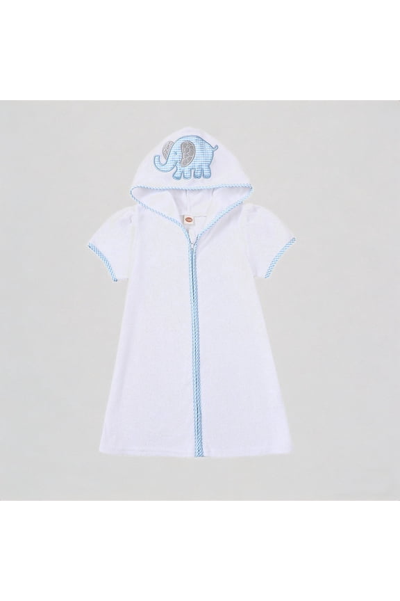 Kids Hooded Bath & Beach Cover Up Embroidered Elephant Soft Terry Cloth Zip-Up Short Sleeve Versatile Swim Towel Outfit,2-3 Years