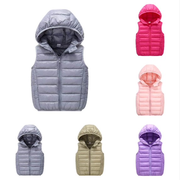Krdevn Kids Hooded Padded Vest, Lightweight Zip Up Sleeveless Cotton Waistcoat Outerwear for Boys Girls Fall Winter,Grey