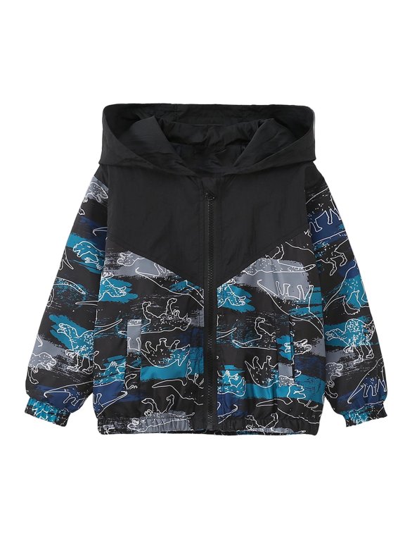 Kids Hooded Windproof Jacket Dinosaur Sketch Print Color Block Full Zipper Lightweight Outerwear Casual Coat for Boys Spring Autumn Outdoor Daily Activities,2-3 Years