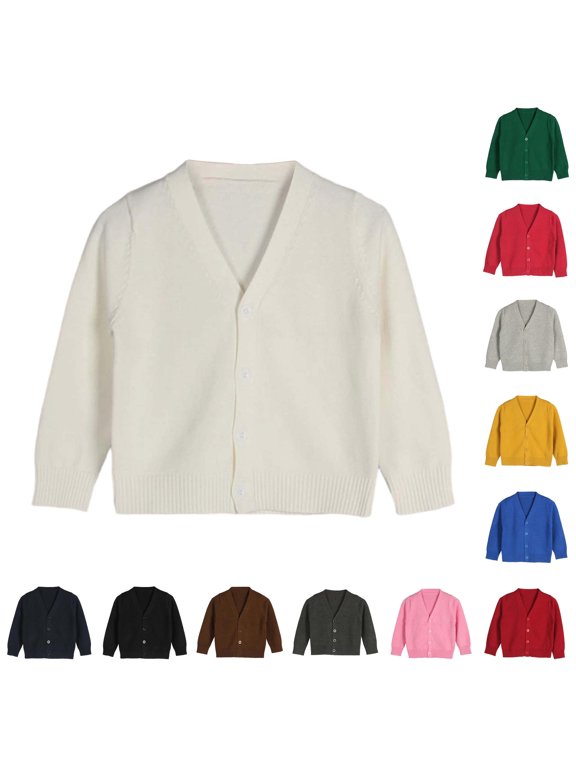 Krdevn Kids Knit Cardigan, Solid Color V‑Neck Button Down Long Sleeve Sweater, Soft Knitted Outerwear for Boys Girls Casual Layering Tops,White