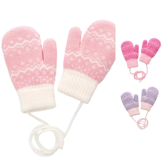Krdevn Kids Knit Mittens Snowflake Jacquard Pattern Thermal Lined Thick Warm Anti Lost Neck Lanyard Ribbed Winter Handwear for Cold Weather Outdoor Use