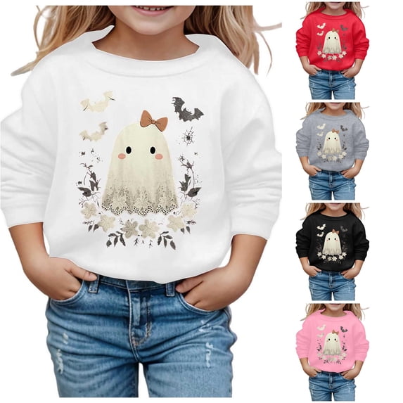 Krdevn Kids Lace Hem Ghost Bow Floral Leaf Bat Graphic Crewneck Sweatshirt Long Sleeve Casual Pullover Top for Halloween Holiday Outfit White,4-5 Years