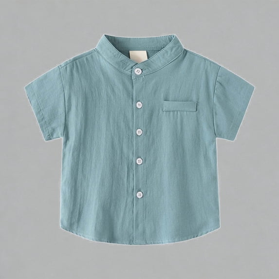 Krdevn Kids Mandarin Collar Short Sleeve Shirt Breathable Cotton Blend Boys Girls Casual Holiday Gentleman Top,4-5 Years