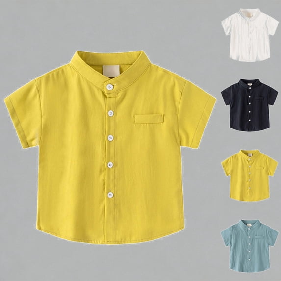 Krdevn Kids Mandarin Collar Short Sleeve Shirt Breathable Cotton Blend Boys Girls Casual Holiday Gentleman Top,8-9 Years