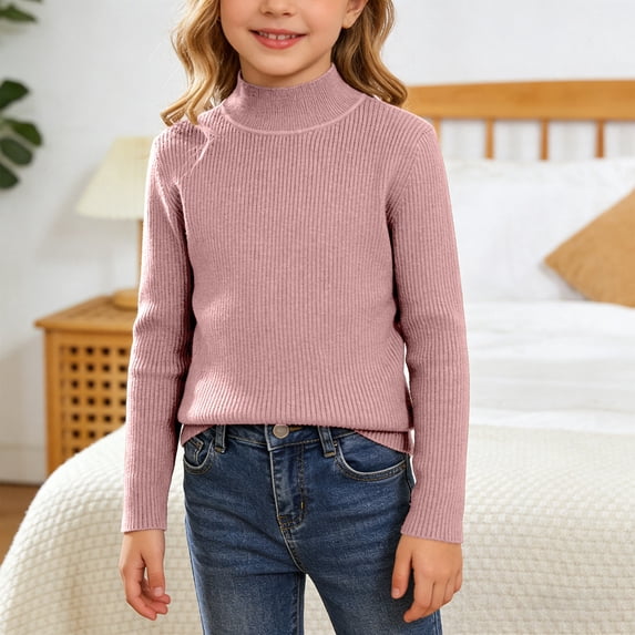 Krdevn Kids Mock Neck Knit Sweater Vertical Ribbed Long Sleeve Pullover Soft Stretchy Warm Top for Casual Daily Indoor Outdoor Fall Winter Wear,13-14 Years