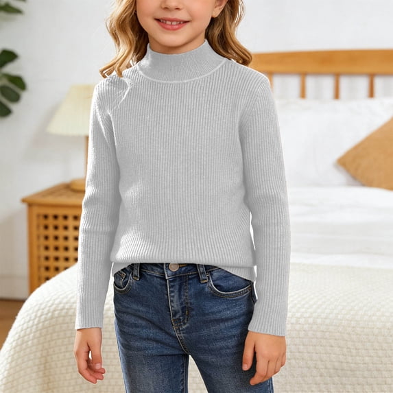 Krdevn Kids Mock Neck Knit Sweater Vertical Ribbed Long Sleeve Pullover Soft Stretchy Warm Top for Casual Daily Indoor Outdoor Fall Winter Wear,2-3 Years