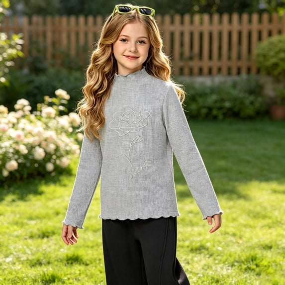Krdevn Kids Mock Neck Long Sleeve Top Modal Soft Embroidered Floral Tee Stretchy Slim Fit Base Shirt for Casual Daily Outdoor Fall Spring Wear,4-5 Years